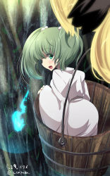 Rule 34 | 1girl, ass, bucket, dated, from behind, full body, green eyes, green hair, hair bobbles, hair ornament, highres, japanese clothes, kimono, kisume, looking at viewer, looking back, open mouth, short hair, solo, standing, touhou, toyono kitsune, twintails, twitter username, white kimono, wooden bucket