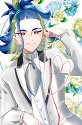 Rule 34 | 1boy, adaman (pokemon), alternate costume, blue hair, brown eyes, buttons, closed mouth, collared shirt, creatures (company), eyebrow cut, flower, game freak, grey necktie, hand up, heart, highres, jacket, kamicho musharu, long sleeves, male focus, necktie, nintendo, open clothes, open jacket, pokemon, pokemon legends: arceus, ponytail, shirt, smile, solo, upper body, vest, white jacket, white shirt, white vest