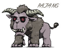 Rule 34 | animal focus, black sclera, blacknirrow, bright pupils, character name, chibi, colored sclera, english text, full body, monster hunter (series), monster hunter rise, no humans, open mouth, rajang, red eyes, sharp teeth, simple background, solo, standing, teeth, tusks, white background, white pupils