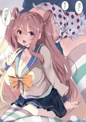 1girl, absurdres, ass, bangs, beige shirt, bow, breasts, brown hair, choker, commentary request, eyebrows visible through hair, food print, green skirt, hair between eyes, hair ornament, hair rings, hatsune (princess connect!), highres, kneeling, large breasts, long hair, long sleeves, looking at viewer, no shoes, noto kurumi, open mouth, panties, pink eyes, pleated skirt, princess connect!, princess connect! re:dive, print panties, shirt, sidelocks, skirt, smile, solo, speech bubble, star (symbol), star hair ornament, strawberry panties, strawberry print, striped, striped legwear, thighhighs, translation request, twintails, underwear, uniform, v, white panties, white shirt, yellow bow, zettai ryouiki