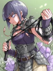 Rule 34 | 1girl, armor, belt, boku no hero academia, breasts, choker, cleavage, cleavage cutout, clothing cutout, flower, green background, holding, holding weapon, jirou kyouka, looking to the side, purple eyes, purple hair, serious, short hair, shoulder armor, simple background, small breasts, solo, strap, warrior, weapon, whip, zonozonotk