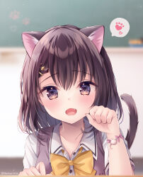 Rule 34 | 1girl, animal ears, blurry, blurry background, blush, bow, bowtie, brown eyes, brown hair, cat ears, cat tail, chalkboard, classroom, collarbone, commentary request, fang, hair ornament, hairpin, indoors, looking at viewer, medium hair, nemuri nemu, open mouth, original, paw pose, solo, spoken paw, tail, upper body, vest, wing collar, yellow bow, yellow bowtie