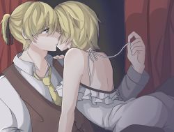 Rule 34 | 1boy, 1girl, adolescence (vocaloid), arched back, back, bare arms, bare shoulders, blonde hair, blue eyes, brother and sister, camisole, cheek-to-cheek, collarbone, curtains, frilled camisole, frills, frown, hair ribbon, hand on another&#039;s shoulder, heads together, imminent kiss, incest, kagamine len, kagamine rin, kefuko (user gheu2755), narrow waist, necktie, on person, ribbon, sad, short ponytail, shoulder blades, siblings, sleeveless blazer, spaghetti strap, twincest, twins, unbuttoned, unbuttoned shirt, untying, vocaloid, white camisole, yellow neckwear