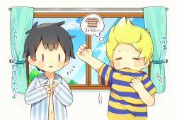 Rule 34 | 0mzum1, 2boys, arm up, black hair, blonde hair, blue shirt, blue sky, blush, closed eyes, cloud, collared shirt, commentary request, curtains, day, dressing, hands up, indoors, long sleeves, looking at another, lucas (mother 3), male focus, messy hair, mother (game), mother 2, mother 3, multiple boys, navel, ness (mother 2), nintendo, notice lines, open clothes, open mouth, open shirt, pajamas, purple eyes, quiff, shirt, short hair, short sleeves, sky, smile, striped clothes, striped pajamas, striped shirt, t-shirt, thought bubble, translation request, tree, two-tone shirt, upper body, vertical-striped clothes, vertical-striped pajamas, vertical-striped shirt, white shirt, window, yellow shirt