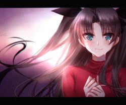 Rule 34 | 1girl, backlighting, bad id, bad pixiv id, blue eyes, blush, brown hair, crying, crying with eyes open, fate/stay night, fate (series), hair ribbon, letterboxed, long hair, looking at viewer, meaomao, own hands together, red shirt, ribbon, shirt, smile, solo, teardrop, tears, tohsaka rin, tsurime, twintails, two side up, upper body, very long hair