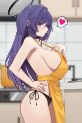 Rule 34 | 1girl, absurdres, apron, black panties, blue archive, blurry, blurry background, blush, breasts, breath, hair intakes, halo, hand on own hip, heart, highres, indoors, large breasts, long hair, looking at viewer, mcbox, panties, profile, purple eyes, purple hair, side-tie panties, sideboob, sideways glance, solo, spoken heart, two side up, underwear, very long hair, yellow apron, yuuka (blue archive)