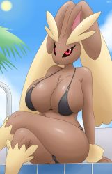 Rule 34 | 1girl, ass, bikini, black sclera, breasts, brown fur, cloud, colored sclera, creatures (company), crossed legs, curvy, dgfox, fur, furry, game freak, gen 4 pokemon, highres, huge ass, huge breasts, large breasts, looking at viewer, lopunny, nintendo, outdoors, palm tree, pink eyes, plant, pokemon, pokemon (creature), pool, rabbit, self-upload, sitting, sky, smile, solo, swimsuit, thick thighs, thighs, tree, wide hips