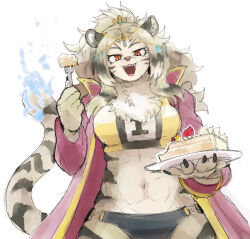Rule 34 | 1girl, abs, animal ears, cake, durga (housamo), female focus, food, fork, furry, galaxyspark, highres, holding, holding food, holding fork, holding plate, looking at viewer, plate, solo, tail, tokyo houkago summoners