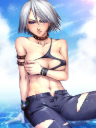 Rule 34 | 1girl, armband, blush, breast hold, breasts, choker, christie (doa), collar, cuffs, dead or alive, denim, jeans, large breasts, midriff, pants, purple eyes, redrop, short hair, solo, spiked collar, spikes, studded leather, tecmo, torn clothes, wet, white hair
