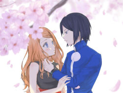 1boy 1girl black_hair blue_eyes blue_jacket blush buffalo_man_(2525bison) calem_(pokemon) cherry_blossoms creatures_(company) falling_petals game_freak hetero jacket light_brown_hair looking_at_another mega_ring nintendo petals pokemon pokemon_xy serena_(pokemon) upper_body white_background