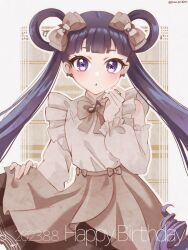Rule 34 | 1girl, :o, black bow, black hair, border, bow, bow earrings, brown background, brown bow, brown shirt, brown skirt, clothes lift, detached sleeves, earrings, flat chest, fortissimo, frilled shirt, frills, fuyu (pono pri350w), grey border, hair behind ear, hair bow, hair ornament, hair rings, highres, jewelry, kiratto pri chan, long hair, looking at viewer, melpan (pri chan), musical note, musical note hair ornament, outside border, plaid, plaid background, pretty series, purple eyes, shirt, shirt tucked in, skirt, skirt lift, sleeveless, sleeveless shirt, solo, star-shaped pupils, star (symbol), symbol-shaped pupils, twintails, twitter username, very long hair