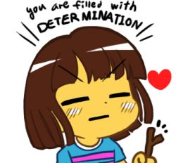 Rule 34 | ^^^, androgynous, bad id, bad pixiv id, blunt bangs, brown hair, closed eyes, english text, expressionless, frisk (undertale), gender request, gyate gyate, heart, holding, lowres, shirt, short hair, shorts, simple background, solo, stick, striped clothes, striped shirt, t-shirt, undertale, upper body, white background, yaruky