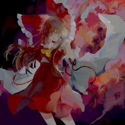 Rule 34 | 1girl, abstract background, absurdres, ascot, bare shoulders, bow, brown hair, chinese commentary, commentary request, cowboy shot, cui (jidanhaidaitang), detached sleeves, frilled bow, frilled hair tubes, frilled shirt collar, frills, hair bow, hair tubes, hakurei reimu, highres, long hair, red bow, red skirt, red vest, skirt, solo, tassel, touhou, vest, white sleeves, wide sleeves, yellow ascot, yellow eyes