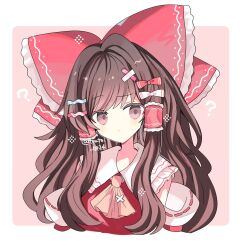 Rule 34 | 1girl, ?, ascot, border, bow, brown eyes, brown hair, closed mouth, collared shirt, detached sleeves, frilled hair tubes, frilled shirt collar, frills, hair ornament, hair tubes, hairpin, hakurei reimu, highres, light blush, long hair, looking at viewer, nontraditional miko, pink background, red bow, red shirt, shirocha tei, shirt, simple background, sleeveless, sleeveless shirt, solo, sweatdrop, touhou, twitter username, upper body, white border, yellow ascot