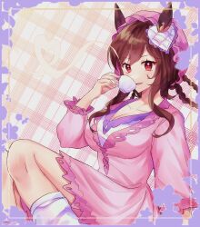Rule 34 | 1girl, absurdres, alternate costume, animal ears, breasts, cleavage, cup, cynthia (uuzz5324), dress, ear covers, feet out of frame, gentildonna (umamusume), hair rings, hat, highres, holding, holding cup, horse ears, large breasts, long hair, long sleeves, looking at viewer, loose socks, mob cap, open mouth, pink dress, pink hat, red eyes, sitting, smile, socks, solo, steam, teacup, umamusume, white socks
