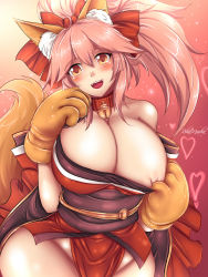 Rule 34 | 1girl, alternate breast size, animal ear fluff, animal ears, animal hands, bare shoulders, bell, blush, breasts, cat paws, cleavage, collar, commentary, detached sleeves, fangs, fate/grand order, fate (series), fox ears, fox girl, fox tail, gloves, groin, hair ribbon, heart, highres, huge breasts, japanese clothes, jingle bell, kimono, long hair, neck bell, no panties, open mouth, paw gloves, pink hair, ponytail, red kimono, red ribbon, ribbon, rikamarika, solo, tail, tamamo (fate), tamamo cat (fate), tamamo cat (first ascension) (fate), wide hips, yellow eyes