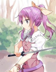 Rule 34 | 1girl, bad id, bad twitter id, bow, bracelet, coat, collared shirt, day, forest, hair between eyes, hair bow, jewelry, misha (hoongju), nature, outdoors, pink coat, ponytail, puffy short sleeves, puffy sleeves, purple eyes, purple hair, shirt, short sleeves, sidelocks, solo, sword, touhou, upper body, watatsuki no yorihime, weapon, white shirt, yellow bow
