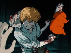 Rule 34 | 1boy, 1other, blonde hair, blood, blood on clothes, blood on face, blood on hands, chainsaw, chainsaw man, denji (chainsaw man), highres, holding, holding chainsaw, looking at viewer, male focus, mitaroxas, parted lips, pochita (chainsaw man), pov, short hair, sleeves rolled up, smile, solo focus, suspenders