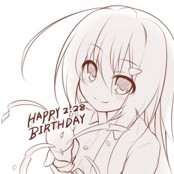 Rule 34 | 1girl, blush, happy birthday, lethe-shion, long hair, monochrome, party popper, simple background, smile, solo, white background