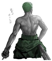 Rule 34 | 1boy, back, back focus, earrings, from behind, green hair, hand on own hip, haramaki, holding, holding sword, holding weapon, jewelry, male focus, muscular, muscular male, nedoko ym, one piece, partially colored, roronoa zoro, sheath, sheathed, short hair, solo, sword, topless male, twitter username, weapon, white background