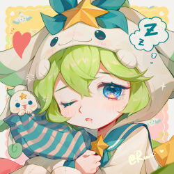 Rule 34 | 1girl, absurdres, artist name, blue hair, blush, furrowed brow, green hair, hair between eyes, heart, highres, holding, holding pillow, hood, hoodie, league of legends, looking at viewer, lulu (league of legends), neckerchief, one eye closed, open mouth, pajama guardian lulu, pillow, ruan chen yue, saliva, solo, star guardian (league of legends), star guardian lulu, star guardian pet, teardrop, thought bubble, upper body, yawning, yordle, zzz