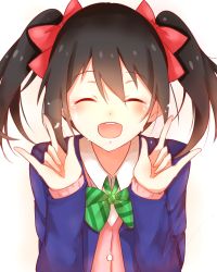 Rule 34 | 10s, 1girl, \m/, ^ ^, black hair, blazer, blue jacket, blush, bow, buttons, closed eyes, double \m/, closed eyes, facing viewer, hair between eyes, hair bow, hair ribbon, jacket, long hair, long sleeves, looking at viewer, love live!, love live! school idol project, nico nico nii, open mouth, otonokizaka school uniform, red ribbon, ribbon, round teeth, school uniform, smile, solo, sparkle, teeth, twintails, upper body, whitenight, yazawa nico
