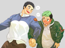 Rule 34 | 2boys, alternate costume, bara, black eyes, black hair, blush, collared shirt, commentary, couple, dark-skinned male, dark skin, dn dn, emoticon, facial hair, flustered, goatee, green eyes, green hair, green jacket, heart, highres, holding hands, hood, hoodie, ikusaba daisuke, jacket, long sideburns, looking at another, male focus, protagonist 3 (housamo), multicolored hair, multiple boys, muscular, muscular male, shirt, short hair, sideburns, smile, taurus mask, teeth, thick eyebrows, tokyo houkago summoners, two-tone hair, upper body, white hoodie, yaoi