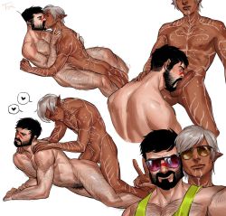 Rule 34 | 2boys, abs, anal, bara, black hair, body hair, dragon age, erection, fellatio, francishsie, highres, kiss, male penetrated, multiple boys, muscular, nude, oral, pectorals, penis, pointy ears, scar, sex, smaller dominant, smile, sunglasses, tattoo, yaoi