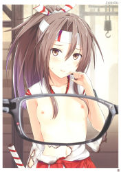 Rule 34 | 1girl, absurdres, blush, breasts, brown eyes, brown hair, eyewear view, glasses, headband, high ponytail, highres, japanese clothes, kanden sky, kantai collection, long hair, looking at viewer, navel, nipples, ponytail, small breasts, solo, torn clothes, twitter username, x-ray, x-ray glasses, x-ray vision, zuihou (kancolle)