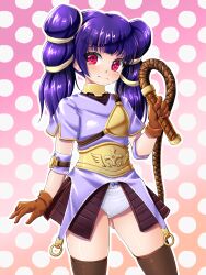 Rule 34 | 1girl, absurdres, archer (ragnarok online), arm strap, armor, armored skirt, belt, black thighhighs, blue bow, blue bowtie, blush, bow, bow panties, bowtie, breastplate, brown gloves, closed mouth, collar, cosplay, cowboy shot, dress, embarrassed, faulds, fire emblem, fire emblem: the sacred stones, flat chest, gloves, gold choker, gold trim, gradient background, hair tie, hand up, highres, long hair, looking at viewer, midorinor, multi-tied hair, myrrh (fire emblem), nintendo, pale skin, panties, polka dot, polka dot background, purple hair, purple shirt, ragnarok online, red eyes, shiny skin, shirt, short dress, short sleeves, solo, standing, sweatdrop, tearing up, thighhighs, thighs, twintails, underwear, whip, white panties, worried, zettai ryouiki