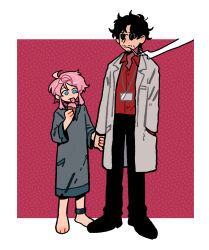 Rule 34 | 2boys, 79x (ox79xo), amayado rei, amemura ramuda, barefoot, black hair, black pants, blouse, blue eyes, cigarette, facial hair, full body, hand in pocket, highres, holding hands, hospital gown, hypnosis mic, lab coat, male focus, multiple boys, pants, pink hair, red shirt, scar, scar across eye, shirt, smoking, sunglasses, tongue, tongue out