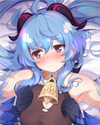 Rule 34 | ahoge, armpits, bare shoulders, bed sheet, bell, black gloves, blue hair, blush, breasts, breasts squeezed together, cleavage, commission, detached sleeves, embarrassed, ganyu (genshin impact), genshin impact, gloves, highres, horns, long hair, looking away, lying, medium breasts, multicolored eyes, neck bell, nose blush, on back, out-of-frame censoring, out of frame, paid reward available, sidelocks, skeb commission, solo, sw (taco), sweat, torn clothes, upper body, very long hair