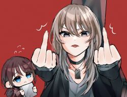 Rule 34 | 2girls, :&lt;, asymmetrical hair, black choker, black jacket, blue eyes, blush, brown hair, chibi, choker, closed mouth, collarbone, commentary request, double middle finger, girls band cry, grey eyes, grey hair, grey shirt, highres, instrument case, instrument on back, iseri nina, jacket, jewelry, kawaragi momoka, long sleeves, looking at viewer, low twintails, medium hair, middle finger, multiple girls, necklace, om rm1101, open clothes, open jacket, shirt, short twintails, tongue, tongue out, twintails, upper body