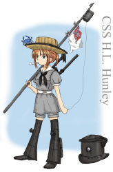 Rule 34 | 1girl, american civil war, confederate flag, confederate states of america, crab, ernest, hat, highres, kiseru, military, original, personification, smoking pipe, solo, straw hat, string, submarine, torpedo, watercraft