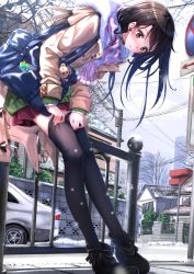 Rule 34 | 1girl, adjusting clothes, adjusting legwear, arrow (symbol), bag, black hair, black thighhighs, blush, boots, brown eyes, building, cable, car, coat, day, dutch angle, earphones, enpera, from side, full body, gate, grey sky, highres, house, legs, long hair, long legs, long sleeves, motor vehicle, notebook, original, outdoors, parted lips, pleated skirt, pom pom (clothes), power lines, pulling, railing, red skirt, scarf, school bag, school uniform, sign, signpost, sitting, skirt, sky, skyscraper, snow, solo, striped, sweater, swordsouls, thighhighs, tree, utility pole, vehicle, wall, window, winter, zettai ryouiki