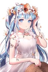 Rule 34 | 1girl, artist name, azit (down), blue eyes, blue hair, dress, flower, hat, unworn hat, hatsune miku, head wreath, unworn headwear, holding, holding clothes, holding hat, long hair, looking at viewer, solo, sundress, twintails, upper body, vocaloid, white background, white dress