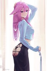 Rule 34 | 1girl, absurdres, animal ears, arm up, ass, ass cutout, backless pants, black pants, blue sweater, breasts, butt crack, clothing cutout, from side, genshin impact, hair over shoulder, highres, holding, long hair, long sleeves, looking at viewer, looking to the side, lufi ays, medium breasts, nail polish, no panties, pants, pink hair, pink lips, pink nails, purple eyes, sleeves past wrists, smile, solo, striped, sweater, twitter username, vertical stripes, yae miko