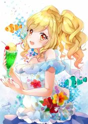 Rule 34 | 10s, 1girl, :d, aikatsu! (series), aikatsu stars!, animal, bare shoulders, bendy straw, blonde hair, blouse, blush, cherry, clownfish, collarbone, commentary request, cup, drink, drinking glass, drinking straw, fingernails, fish, floral print, food, fruit, hair between eyes, head tilt, highres, holding, holding cup, ice cream, ice cream float, long hair, looking at viewer, looking to the side, nail polish, nijino yume, off-shoulder blouse, off shoulder, open mouth, print shirt, puracotte, purple nails, purple skirt, red eyes, shirt, signature, skirt, smile, solo, twintails, white shirt