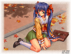 Rule 34 | 1girl, bag, black footwear, blue hair, blush, bow, brown bag, chinese commentary, closed mouth, commentary request, commission, full body, green eyes, green skirt, hair bow, highres, loafers, long sleeves, longmei er de tuzi, looking at viewer, nanase rumi, on floor, one - kagayaku kisetsu e, pixiv commission, pleated skirt, red bow, sailor collar, school bag, school uniform, shirt, shoes, sidewalk, skirt, socks, solo, twintails, white sailor collar, white socks, yellow shirt