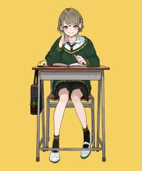 Rule 34 | 1girl, absurdres, ankle socks, bag, bag charm, black necktie, black skirt, black socks, blush, brown hair, cactus, chair, charm (object), collarbone, collared shirt, desk, green sweater, hair ornament, hairpin, highres, holding, holding pencil, knees together feet apart, looking at viewer, necktie, notebook, orange background, original, pencil, pencil case, pleated skirt, school chair, school desk, shirt, shoes, short hair, simple background, sitting, skirt, smile, socks, solo, sweater, white shirt, yellow eyes, yuu (higashi no penguin)