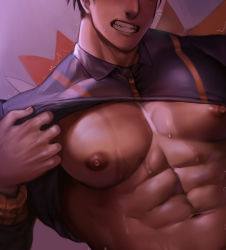 Rule 34 | 1boy, abs, arkapami, bar censor, bara, bare pectorals, censored, clenched teeth, clothes lift, creatures (company), game freak, gen 4 pokemon, highres, implied masturbation, large pectorals, lifted by self, male focus, muscular, navel, nintendo, nipples, paid reward available, pectoral focus, pectorals, pokemon, pokemon (creature), pokemon swsh, raihan (pokemon), rotom, rotom phone, shirt lift, short hair, solo, sweat, teeth