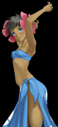 Rule 34 | 1girl, absurdres, arched back, armpits, arms up, black background, black hair, blue eyes, blue sarong, blush, closed mouth, collarbone, covered erect nipples, creatures (company), dark-skinned female, dark skin, elite four, female focus, flower, from side, game freak, hair flower, hair ornament, happy, highres, looking at viewer, navel, nintendo, nose blush, phoebe (pokemon), pink flower, pokemon, pokemon rse, ribs, sarong, short hair, simple background, skindentation, smile, solo, standing, strapless, tube top, turiganesou800