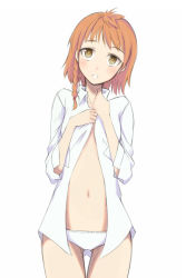 Rule 34 | 1girl, blush, bottomless, brown eyes, d-frag!, female focus, flat chest, hatsudai (d-frag!), orange hair, panties, short hair, simple background, solo, tagme, underwear, white background