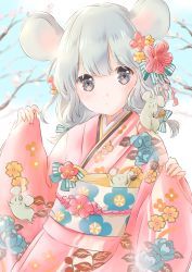 Rule 34 | 1girl, :o, animal, animal ears, animal on shoulder, arms up, blue sky, blurry, blurry background, branch, cloud, commentary request, day, depth of field, floral print, flower, grey eyes, grey hair, hagoita, hair flower, hair ornament, highres, hoshiibara mato, japanese clothes, kimono, leaning back, looking at viewer, mouse (animal), mouse ears, mouse on shoulder, obi, original, outdoors, paddle, pink kimono, sash, short hair, sky, sleeves past wrists, solo