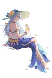 Rule 34 | 1girl, armlet, artist name, bare shoulders, barefoot, bikini, bikini top only, blue sarong, bracelet, cup, drink, drinking glass, elezen, elf, final fantasy, final fantasy xiv, floral print, flower, from side, full body, grey eyes, hat, hat flower, highres, holding, holding cup, jewelry, crossed legs, long hair, looking at viewer, petals, pointy ears, profile, sarong, shuangsen, signature, silver hair, simple background, solo, straw hat, swimsuit, white background, white bikini, ysayle dangoulain