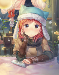 Rule 34 | 10s, 1girl, alternate eye color, animal hat, arm warmers, blush, bottle, cat hat, chair, coat, curtains, d match, earrings, flower, fur trim, hand on own cheek, hand on own face, hat, indoors, jewelry, light particles, long sleeves, looking at viewer, love live!, love live! school idol project, napkin, nishikino maki, pov across table, red hair, restaurant, scarf, short hair, star (symbol), star earrings, swept bangs, table, tablecloth, vase, window, wine bottle, winter clothes, yellow eyes