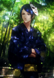 Rule 34 | 10s, 1boy, blue eyes, blue hair, blue kimono, crossed arms, forest, fox mask, highres, japanese clothes, kimono, kitagawa yuusuke, looking away, male focus, mask, mask on head, nature, outdoors, persona, persona 5, solo, standing