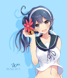 Rule 34 | 1girl, :d, akebono (kancolle), akebono (kancolle) (cosplay), alternate hairstyle, asymmetrical hair, bad id, bad pixiv id, bare shoulders, bell, blue eyes, blue hair, breasts, brown eyes, clothes lift, collarbone, cosplay, dated, female focus, flower, flower on head, hair bell, hair flower, hair ornament, highres, kantai collection, large breasts, long hair, looking at viewer, matching hair/eyes, midriff, navel, open mouth, purple hair, remodel (kantai collection), school uniform, serafuku, shadow, shirt lift, side ponytail, simple background, smile, solo, tebi (tbd11), text focus, tongue, ushio (kancolle), wind, wind lift