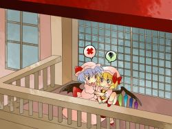 Rule 34 | 2girls, :3, ascot, bad id, bad pixiv id, balcony, blonde hair, bow, climbing, comic, female focus, flandre scarlet, hair bow, hammer (sunset beach), hat, light purple hair, multiple girls, o o, remilia scarlet, short hair, siblings, side ponytail, silent comic, sisters, squiggle, touhou, wings