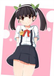 Rule 34 | 1girl, arms behind back, bad id, bad pixiv id, black hair, dacchi, hachikuji mayoi, hairband, highres, long hair, monogatari (series), red eyes, skirt, smile, solo, suspender skirt, suspenders, twintails